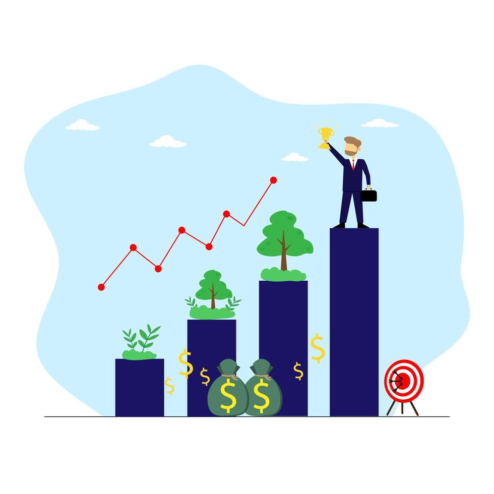 concept de vecteur homme d'affaires montre le trophée sur la réussite de l'investissement dans la barre de croissance