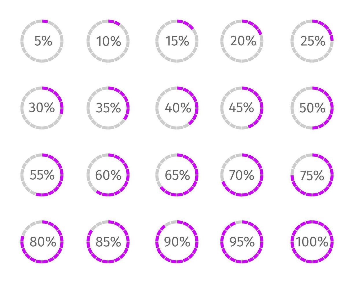 barres de chargement rondes avec des pourcentages divisés en segments de 1 à 20. ensemble de symboles de progression, d'attente ou de téléchargement. éléments d'animation infographique pour l'interface du site web vecteur