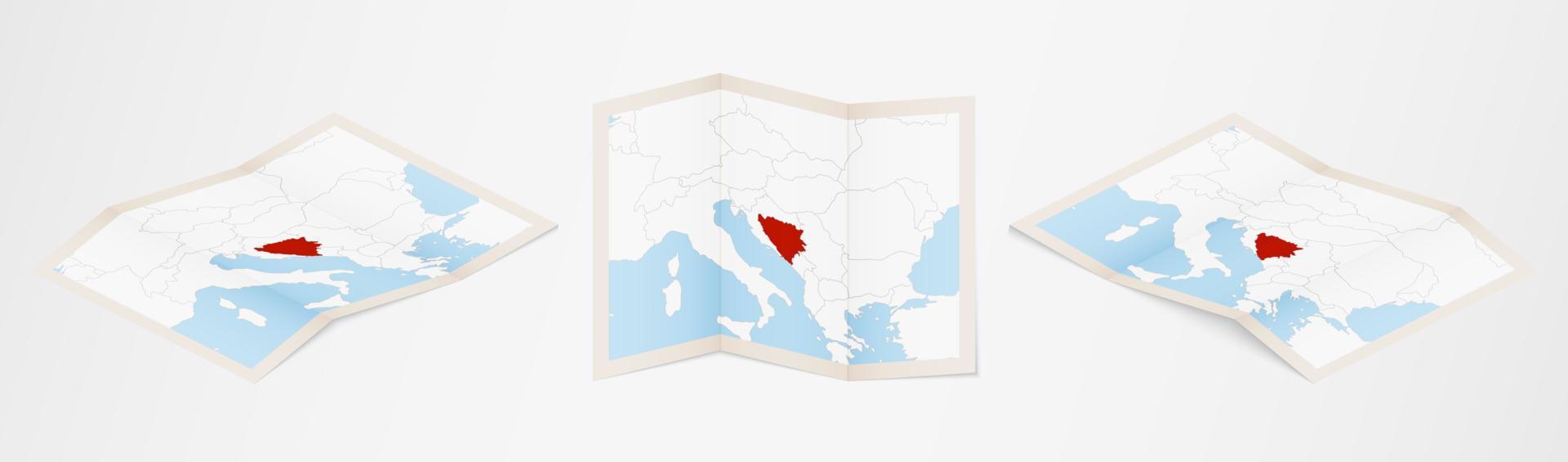 carte pliée de bosnie-herzégovine en trois versions différentes. vecteur