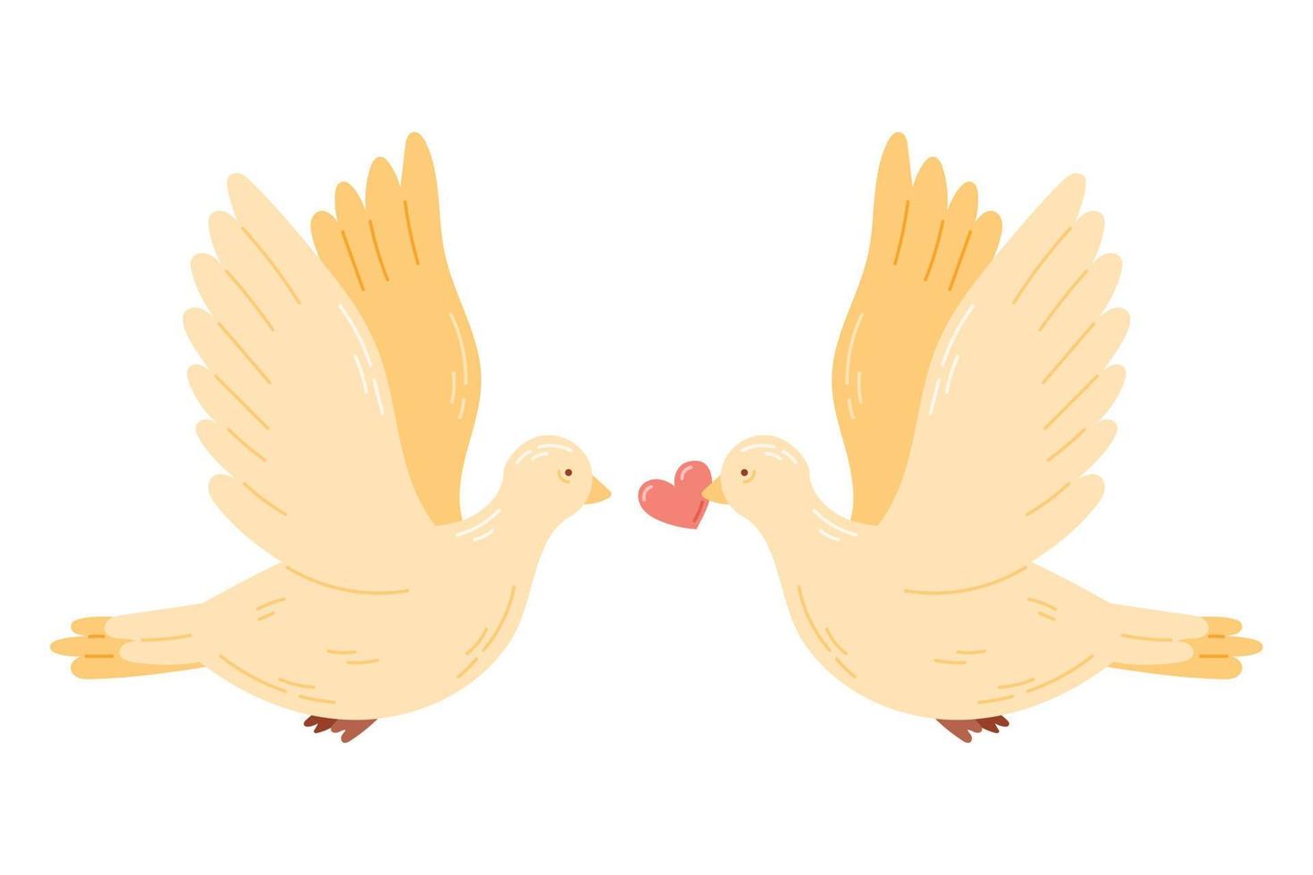 un couple de colombes amoureuses tenant un cœur dans son bec. illustration de dessin animé isolé de vecteur. vecteur