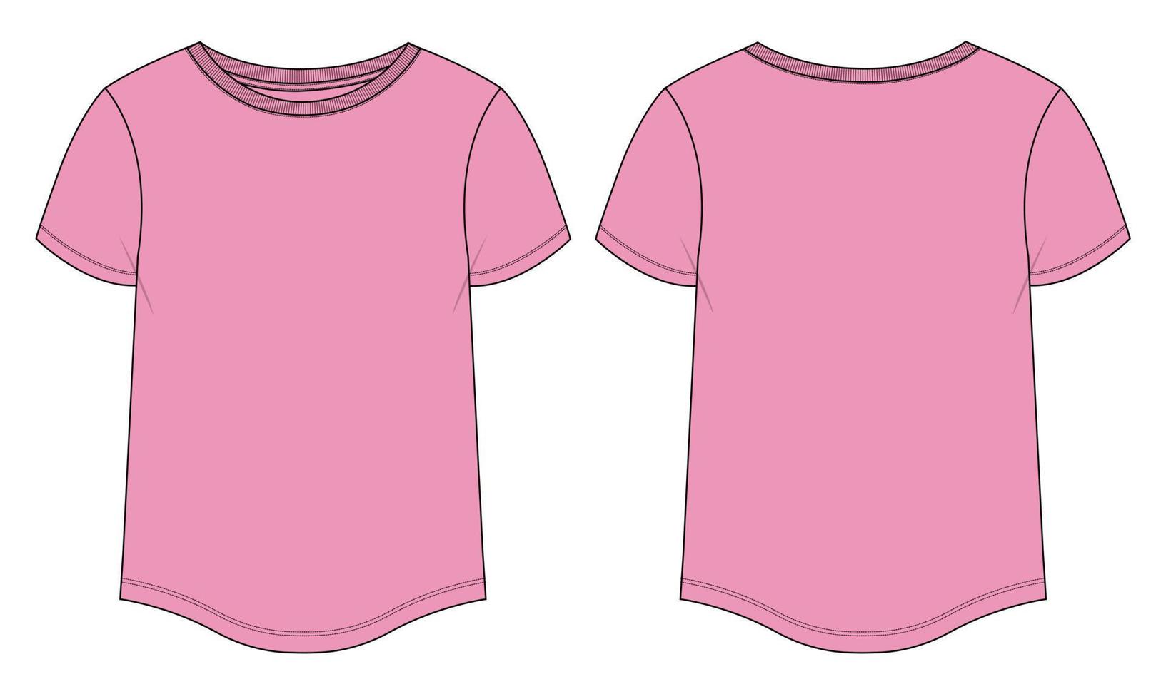 t-shirt à manches courtes avec ourlet en bas arrondi modèle d'illustration vectorielle de dessin plat de mode technique pour bébés filles et dames. vecteur