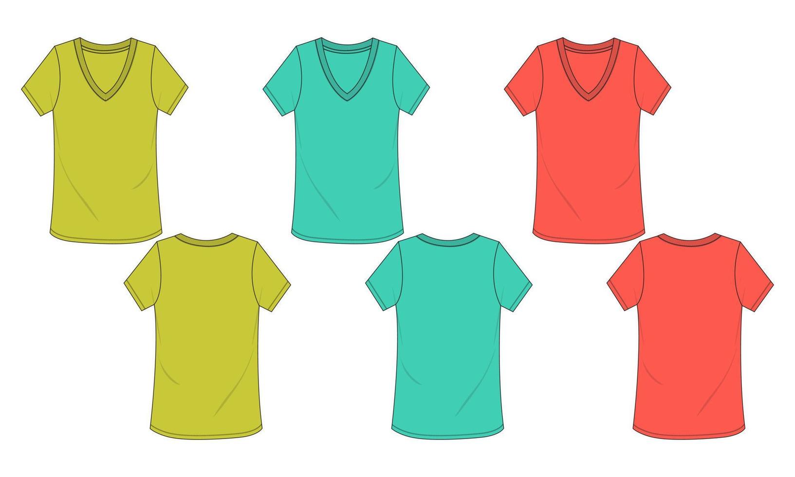 modèle d'illustration vectorielle de croquis plat de mode technique de t-shirt à manches courtes à col en v multicolore pour les femmes. vêtements conception de vêtements maquette femmes unisexe vecteur