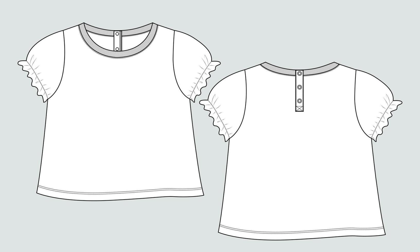 modèle de mode de croquis technique de t-shirt à manches courtes pour femmes et filles. vêtements d'illustration d'art vectoriel maquette avant, vue arrière. modification facile personnalisable