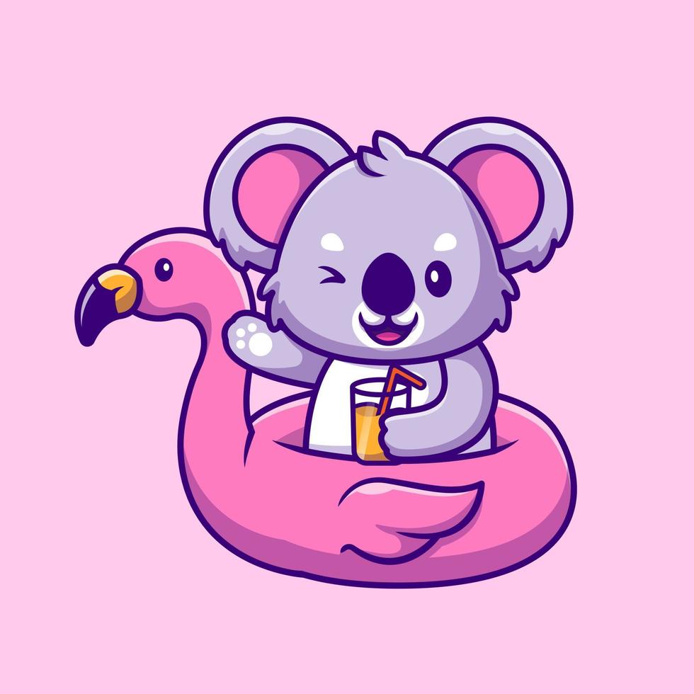 été de koala mignon avec pneus flamingo et illustration d'icône de vecteur de dessin animé de jus d'orange. concept d'icône d'aliments pour animaux isolé vecteur premium. style de dessin animé plat