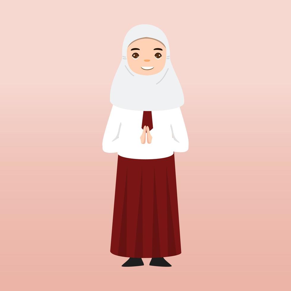 élève de l'école élémentaire hijab portant l'uniforme rouge et blanc. illustration de vecteur de dessin animé. portrait d'un élève du primaire. écoliers enfants avec sacs à dos, livres, macbook.