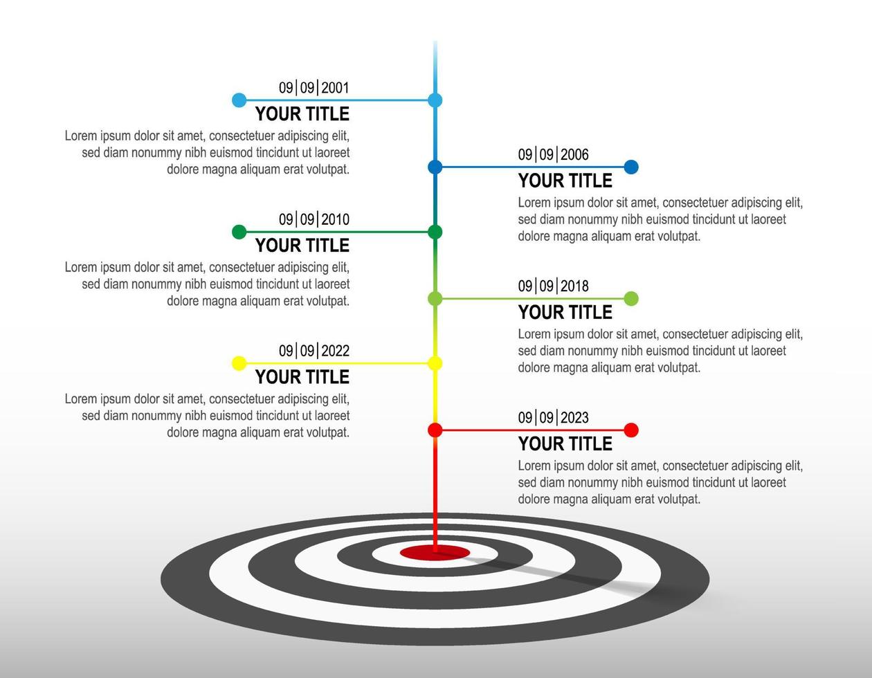 ligne de couleur frappée au jeu de fléchettes noir et blanc avec infographie. chronologie cible. tableau de données de réussite commerciale, objectif d'investissement, défi marketing, présentation de la stratégie, diagramme de réalisation. modèle. vecteur