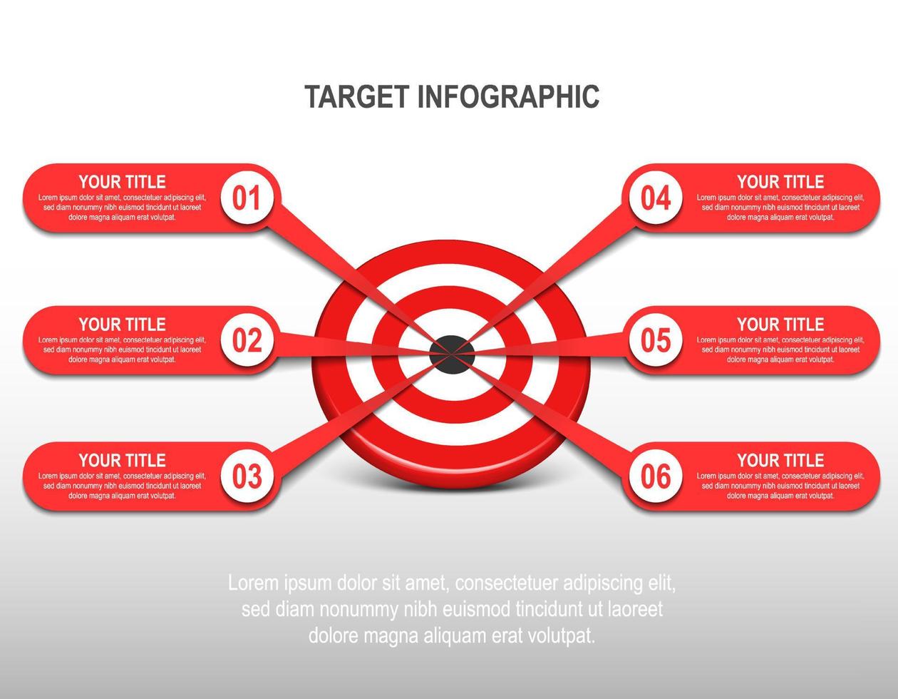 Jeu de fléchettes cible rouge 3d avec infographie d'étiquette. numéro d'étape cible. tableau de données d'entreprise, objectif d'investissement, défi marketing, présentation de la stratégie, diagramme de réalisation. modèle de vecteur d'informations.
