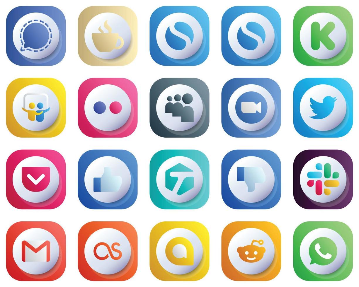 20 icônes de médias sociaux en dégradé 3d mignonnes pour des marques populaires telles que Twitter. Rencontre. le financement. icônes vidéo et myspace. de haute qualité et élégant vecteur