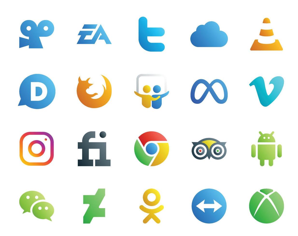 pack de 20 icônes de médias sociaux, y compris le méta-navigateur de médias vidéo facebook vecteur