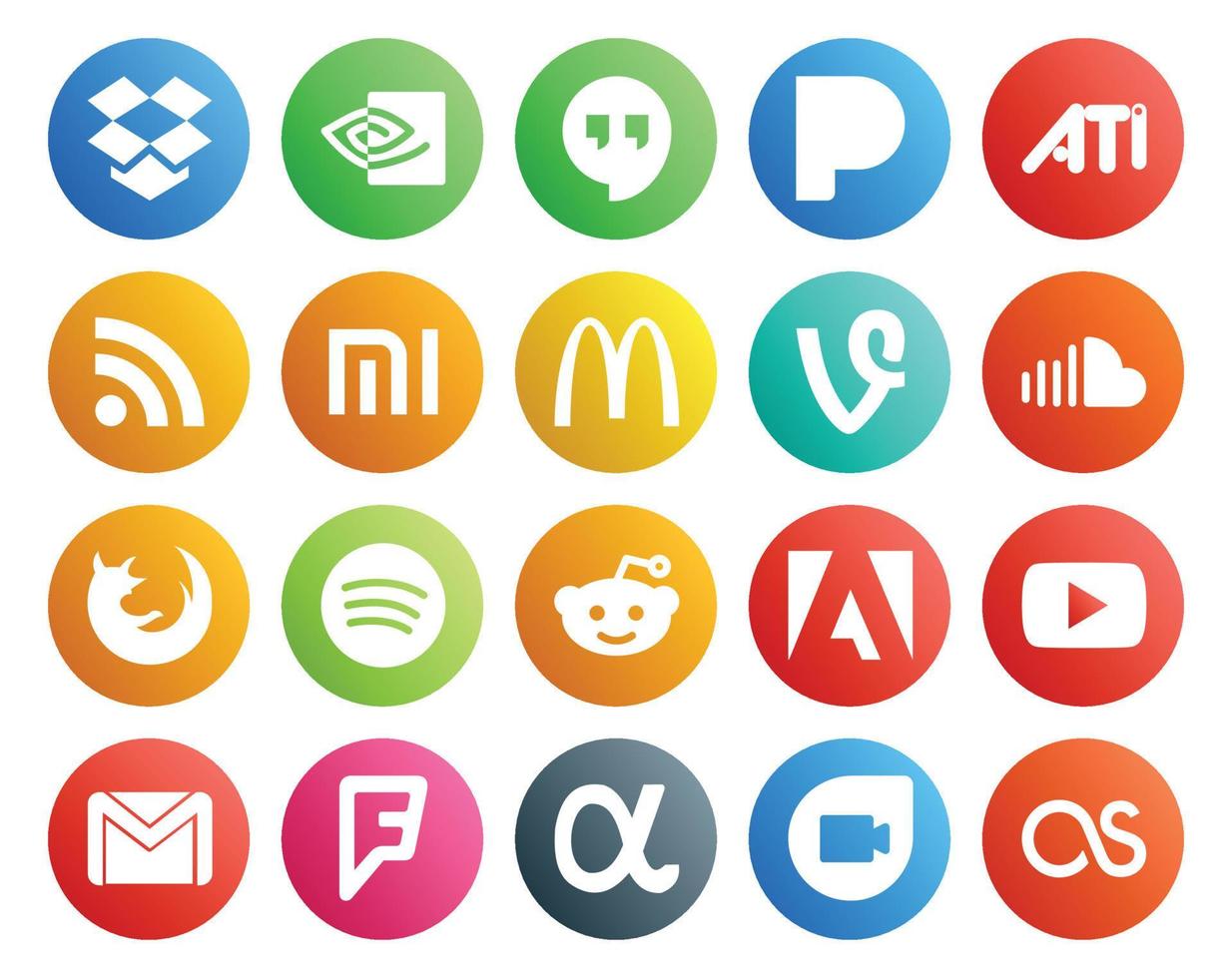 pack de 20 icônes de médias sociaux, y compris youtube reddit vine spotify firefox vecteur