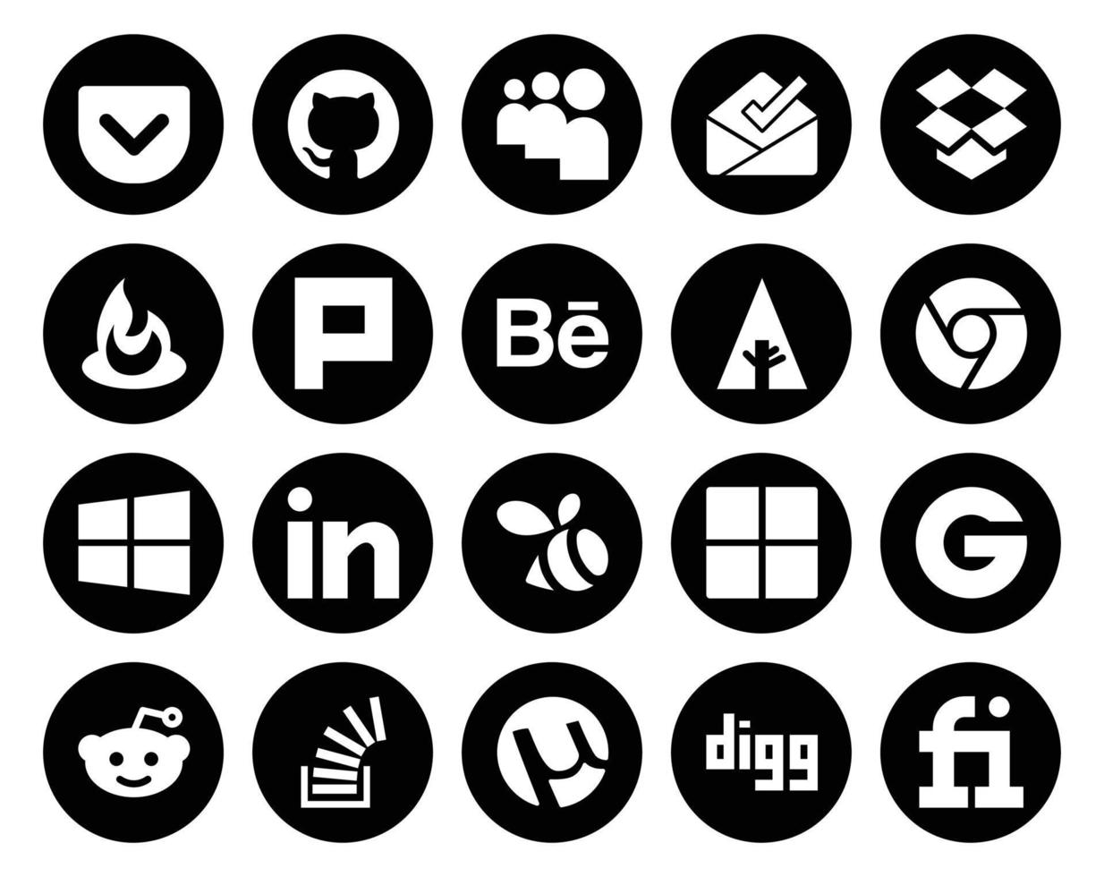 20 pack d'icônes de médias sociaux, y compris la question reddit forrst groupon swarm vecteur