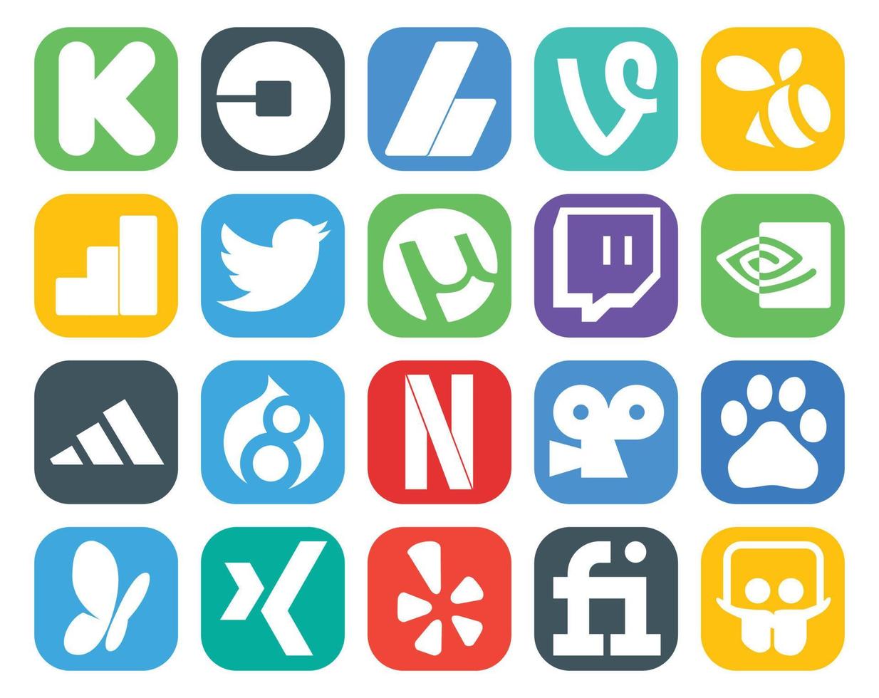 pack de 20 icônes de médias sociaux, y compris viddler drupal google analytics adidas twitch vecteur