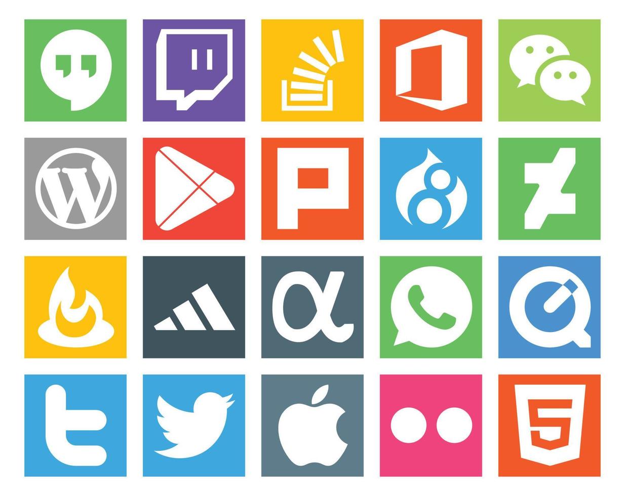 Pack de 20 icônes de médias sociaux, y compris les applications drupal adidas deviantart messenger vecteur