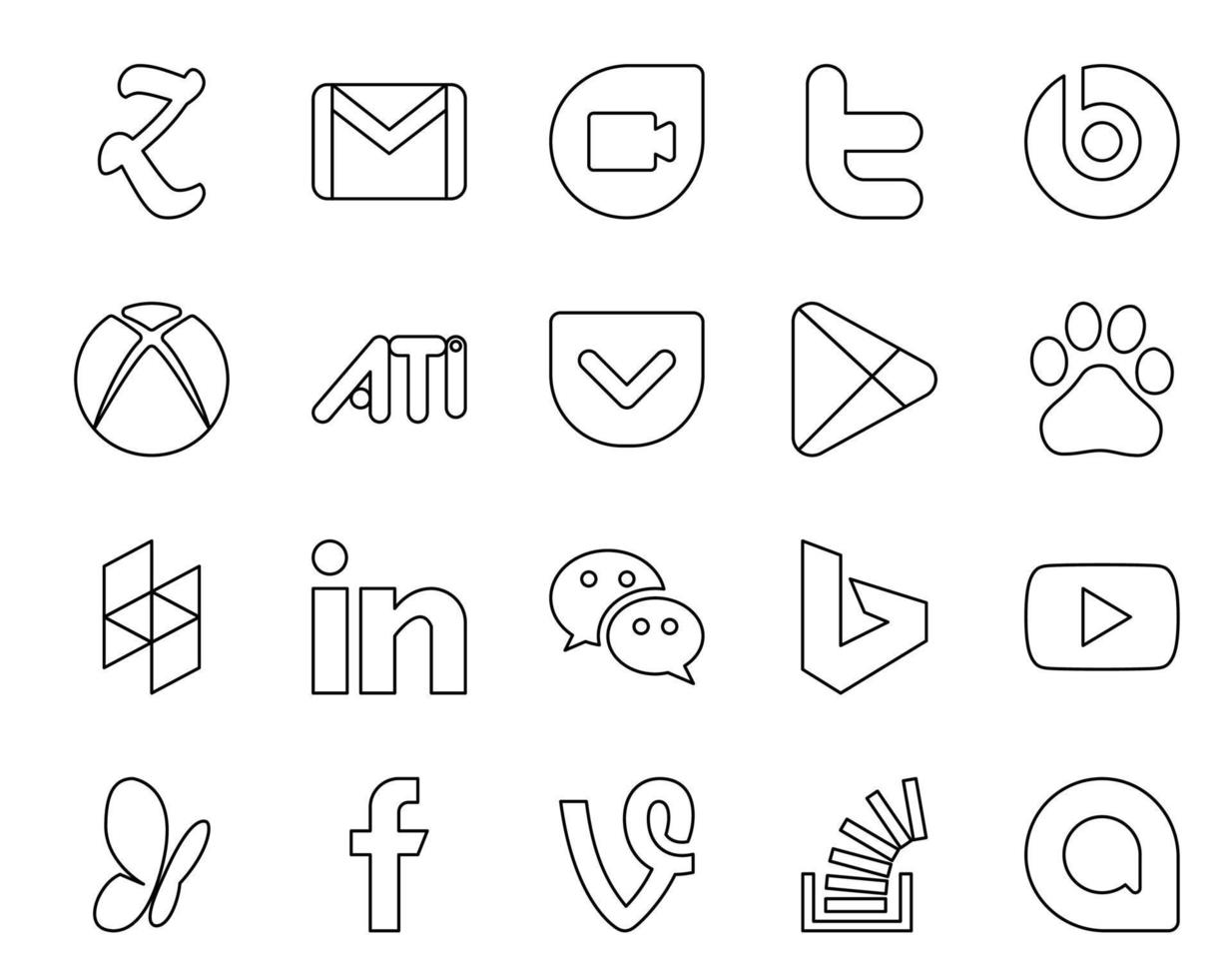 Pack de 20 icônes de médias sociaux, y compris les applications Messenger Linkedin Xbox Houzz vecteur