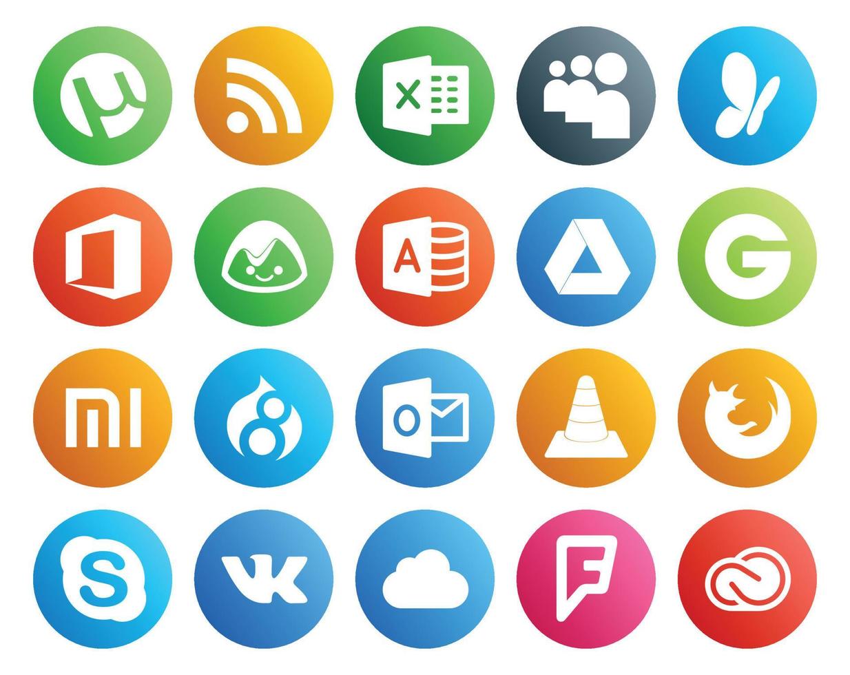 20 pack d'icônes de médias sociaux comprenant un lecteur de navigateur google drive media outlook vecteur