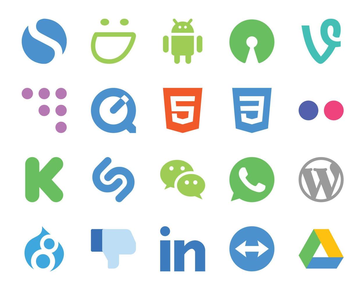 pack de 20 icônes de médias sociaux, y compris drupal wordpress css whatsapp wechat vecteur