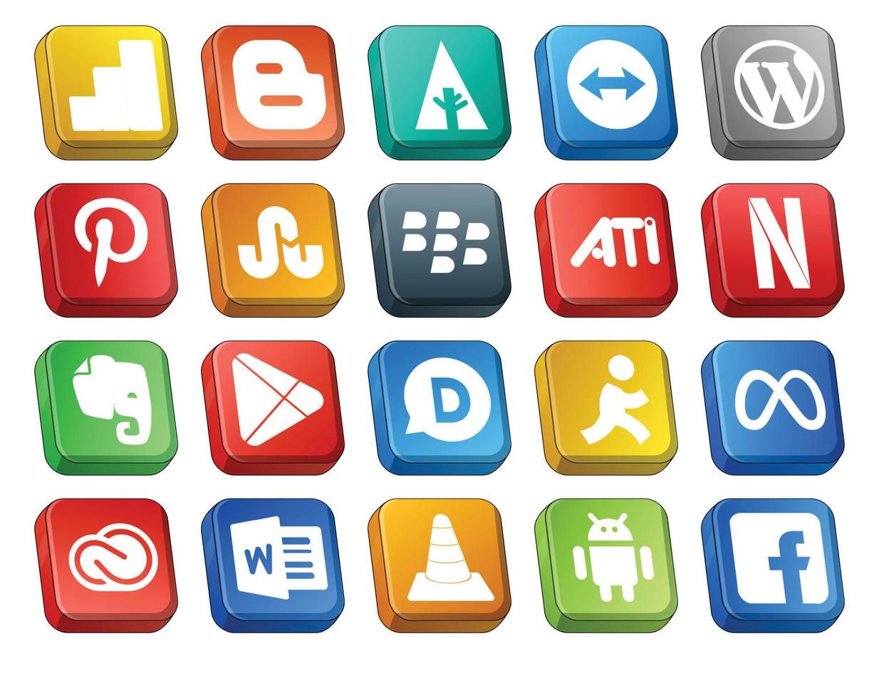 pack de 20 icônes de médias sociaux, y compris facebook aim blackberry disqus google play vecteur