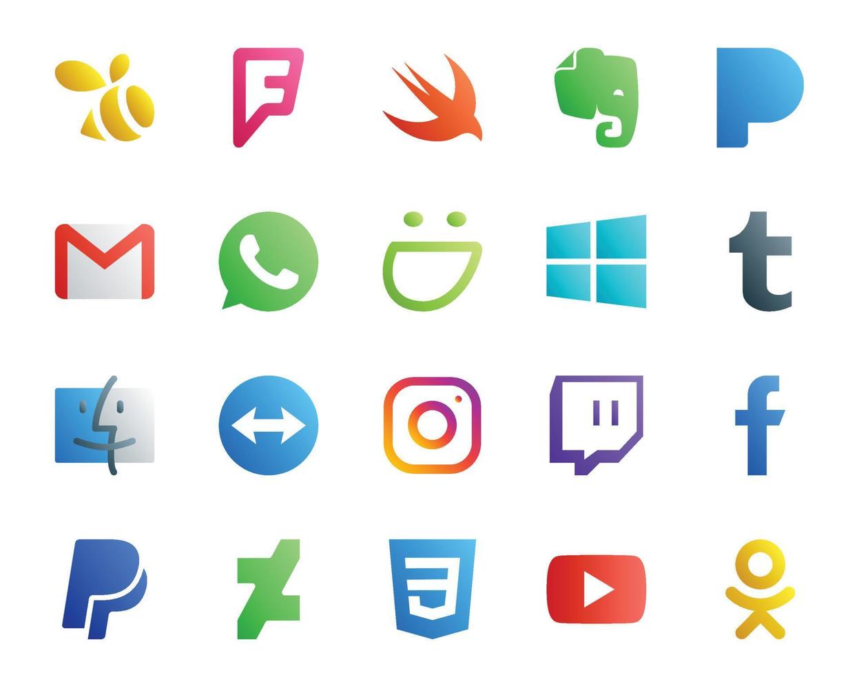 pack de 20 icônes de médias sociaux, y compris paypal twitch whatsapp instagram finder vecteur