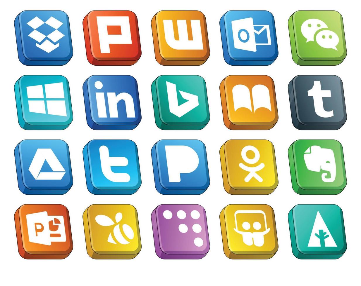20 pack d'icônes de médias sociaux, y compris powerpoint odnoklassniki bing pandora twitter vecteur