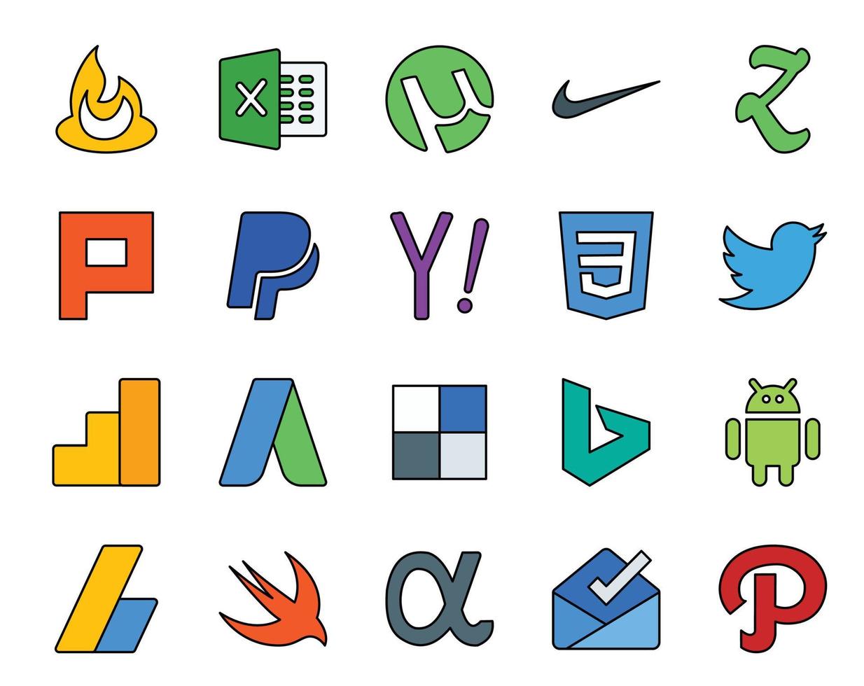 20 pack d'icônes de médias sociaux, y compris adsense bing search délicieux google analytics vecteur
