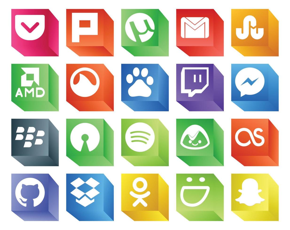 pack de 20 icônes de médias sociaux, y compris github basecamp grooveshark spotify blackberry vecteur
