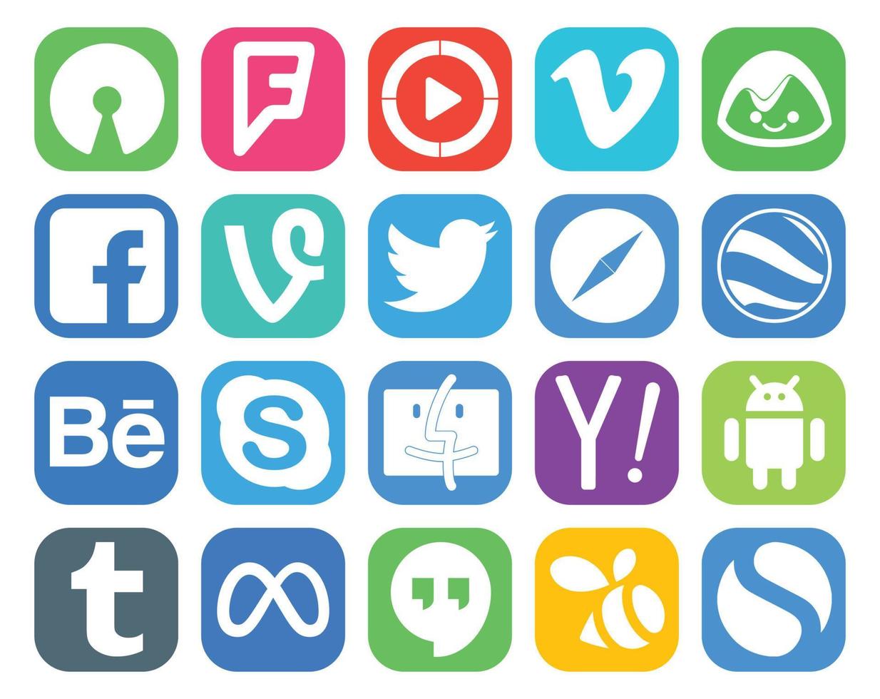 pack de 20 icônes de médias sociaux, y compris le navigateur skype vine behance du finder vecteur