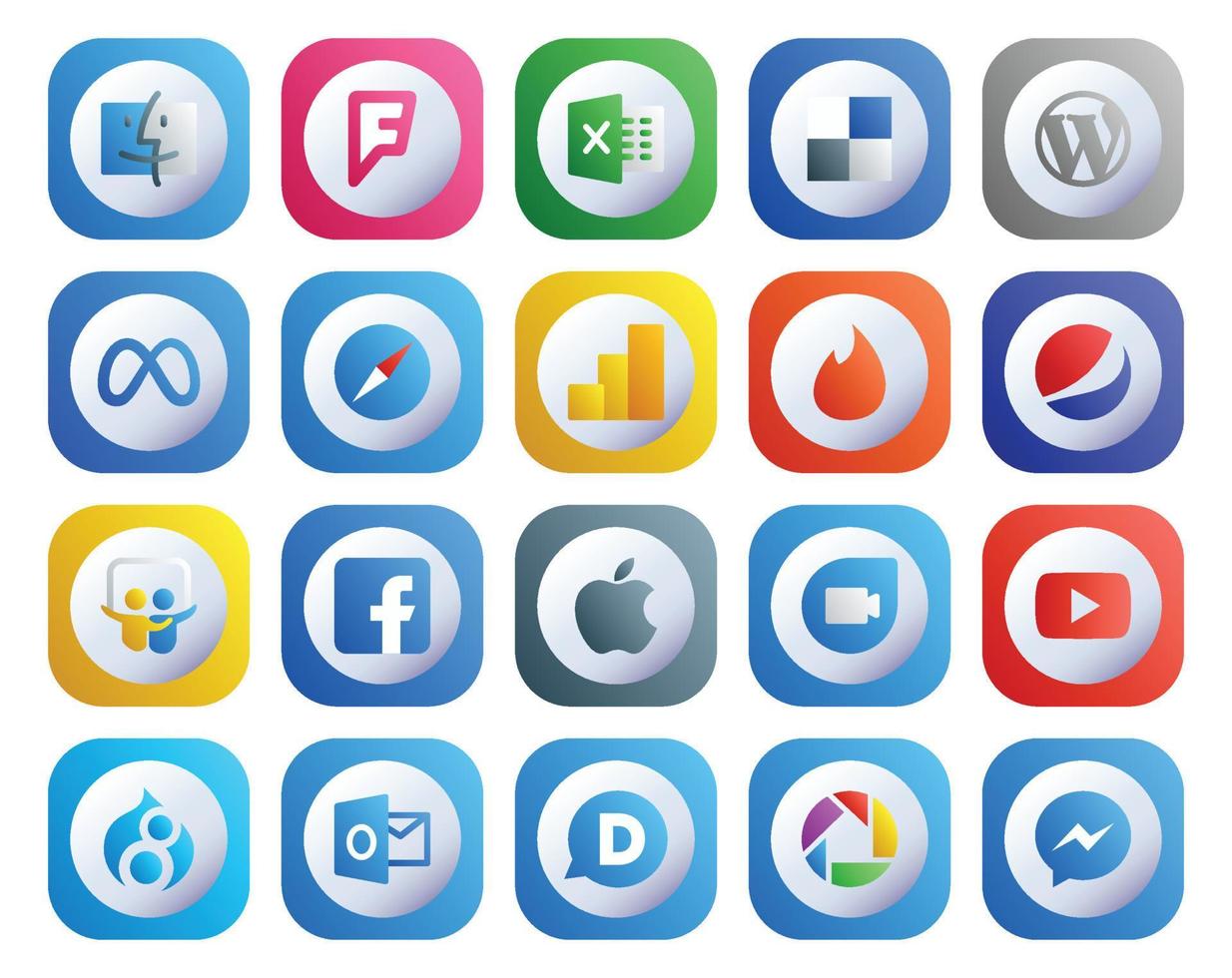 pack de 20 icônes de médias sociaux comprenant youtube apple safari facebook pepsi vecteur