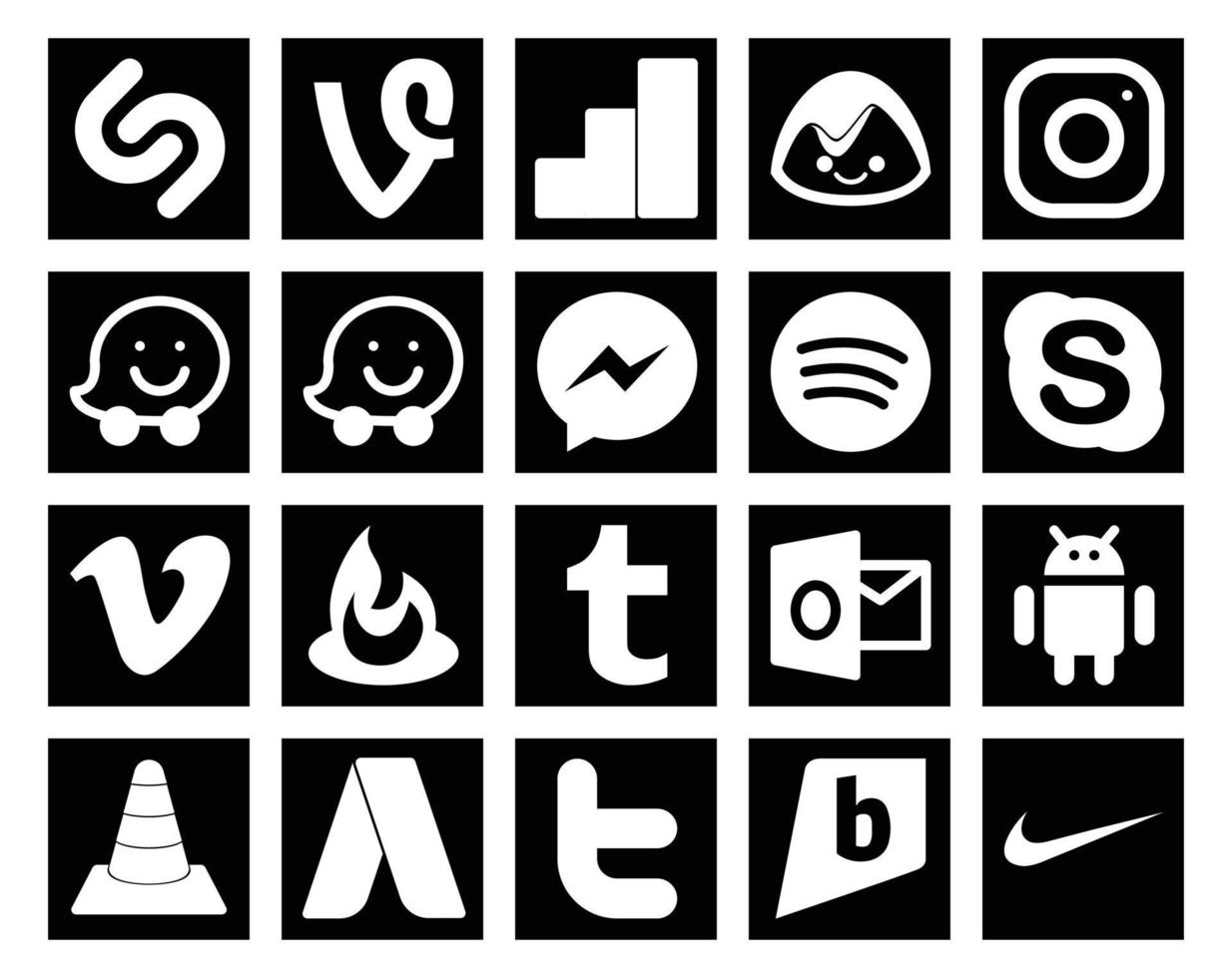 pack de 20 icônes de médias sociaux, y compris media android skype outlook feedburner vecteur