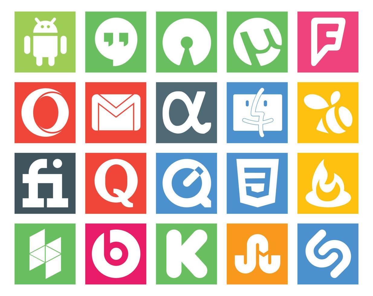 20 pack d'icônes de médias sociaux, y compris feedburner quicktime mail question fiverr vecteur
