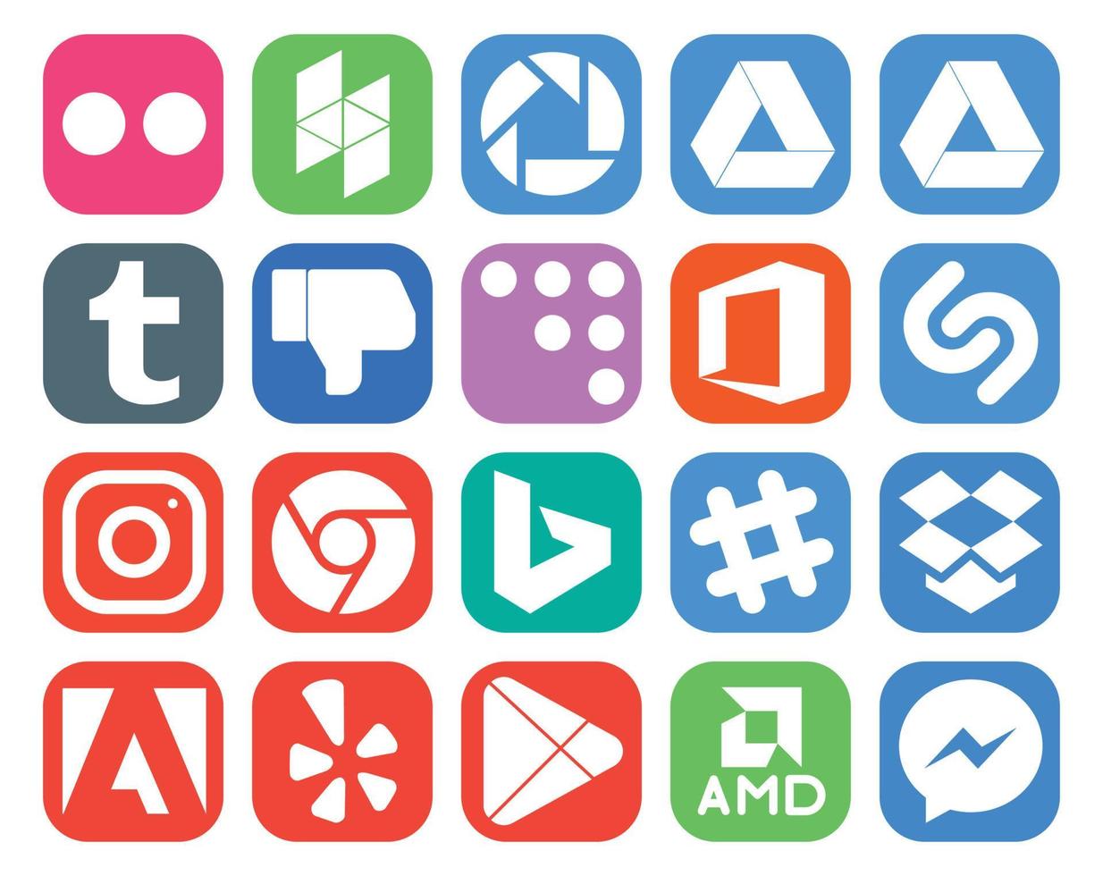 pack de 20 icônes de médias sociaux, y compris google play adobe shazam dropbox slack vecteur