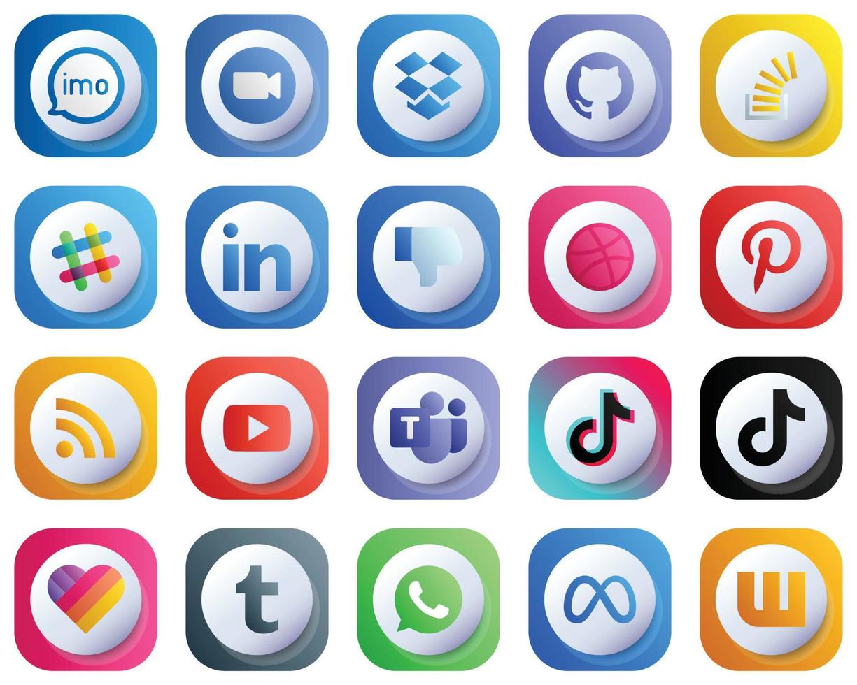 icônes de dégradé 3d mignonnes pour le pack de 20 médias sociaux populaires tels que l'aversion. LinkedIn. boîte de dépôt. spotify et stock d'icônes. moderne et de haute qualité vecteur