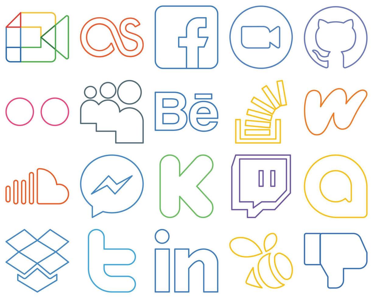 20 icônes de médias sociaux aux contours colorés, propres et modernes, telles que la question. behance. vidéo. myspace et flickr entièrement personnalisables et de haute qualité vecteur