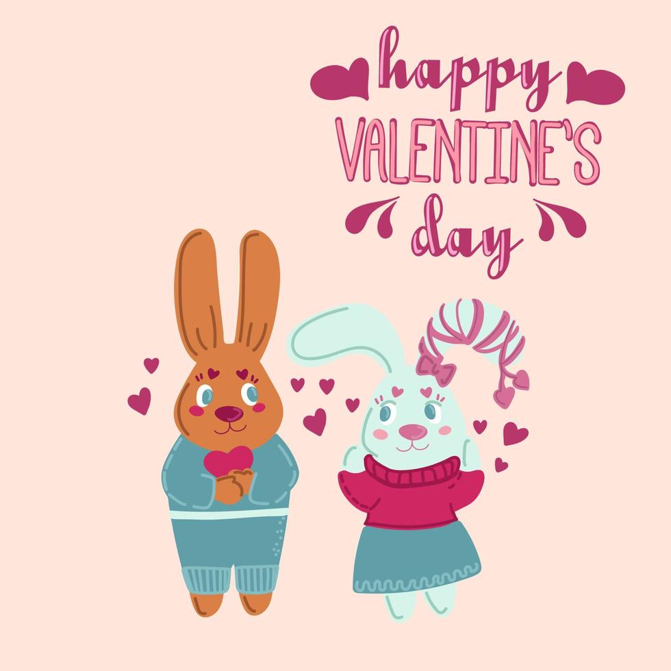 amour de la saint-valentin et 14 février. illustrations vectorielles mignonnes. carte postale avec des lapins mignons. dessins pour une carte postale, une affiche ou une carte. vecteur