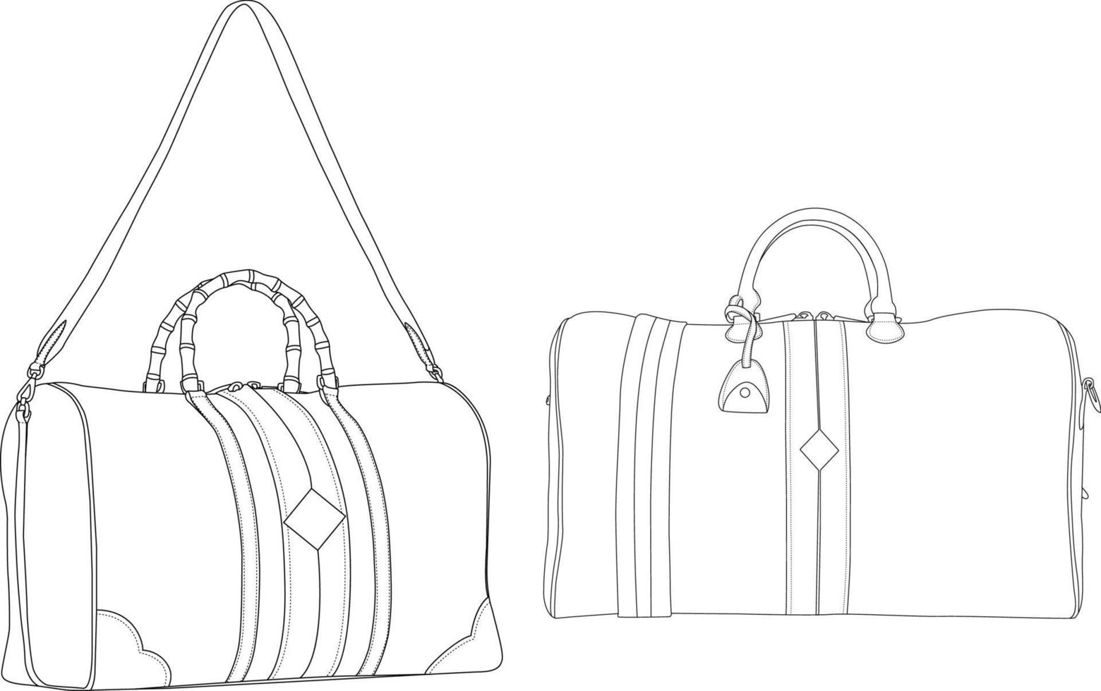 sacs polochons et sacs de week-end, illustration vectorielle, modèle de contour de sac, croquis d'appartements de mode, modèle de clip art vectoriel