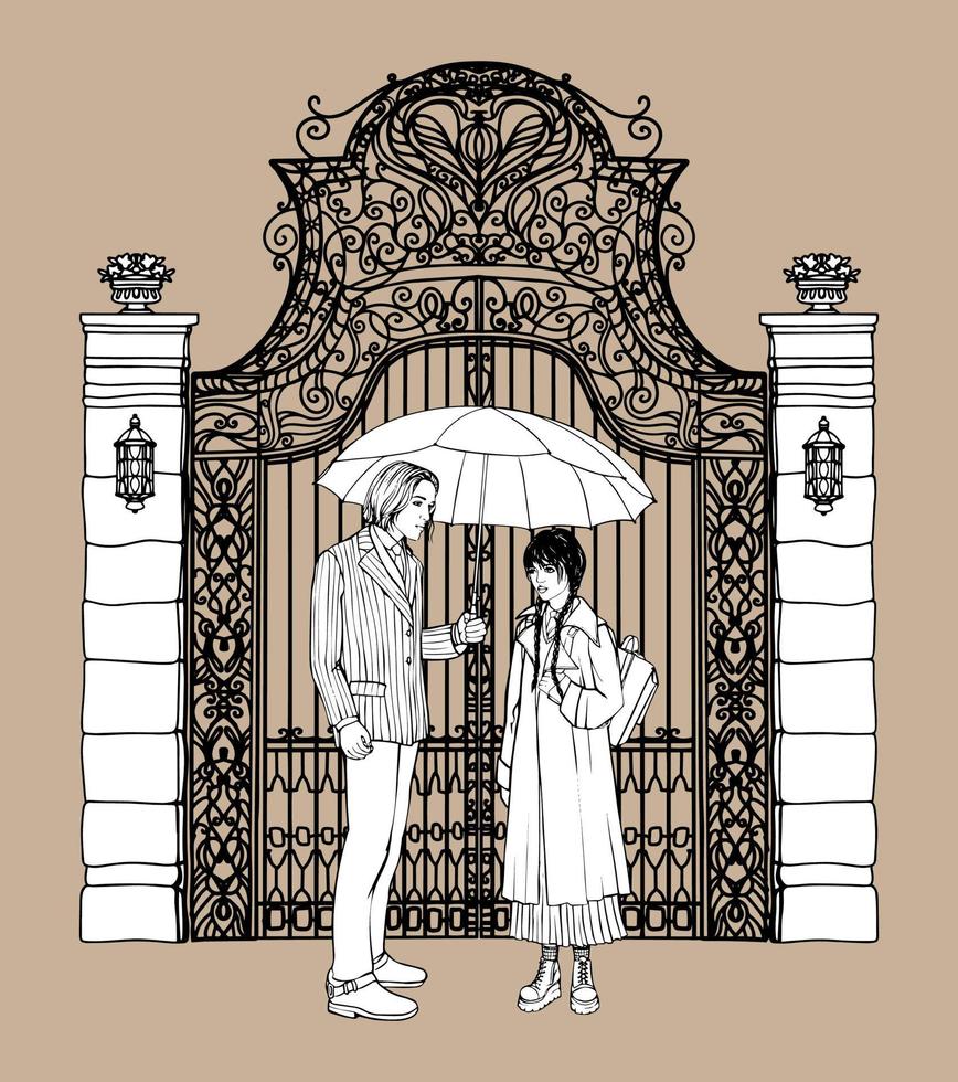 une fille avec des nattes et son amie sous un parapluie devant une vieille porte en métal. illustration vectorielle. illustration vectorielle dessinée à la main en noir et blanc. dessin isolé. pour les livres de coloriage vecteur