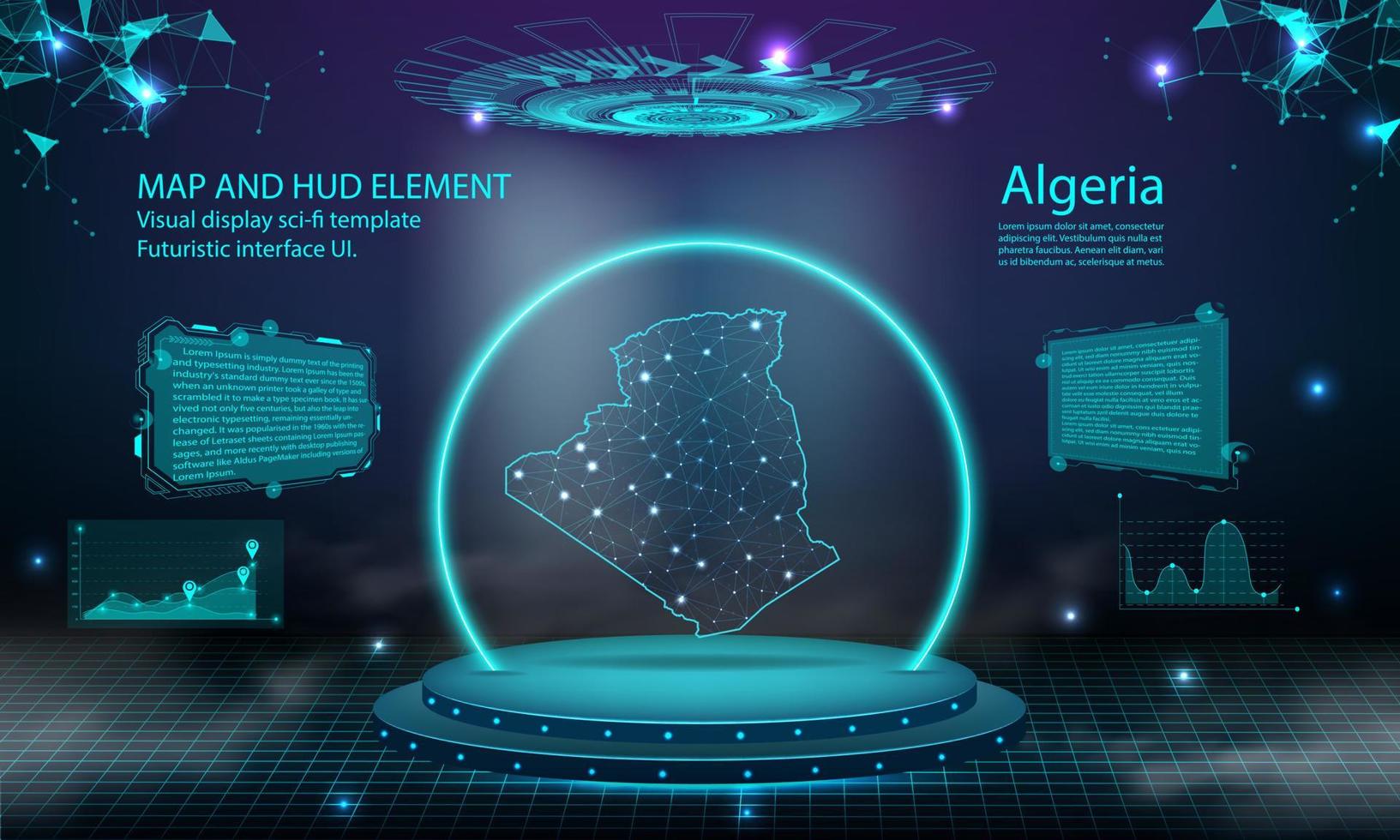 carte de l'algérie lumière reliant l'arrière-plan de l'effet. interface utilisateur de technologie numérique abstraite, gui, interface virtuelle hud futuriste avec carte de l'algérie. podium futuriste de scène dans le brouillard. vecteur