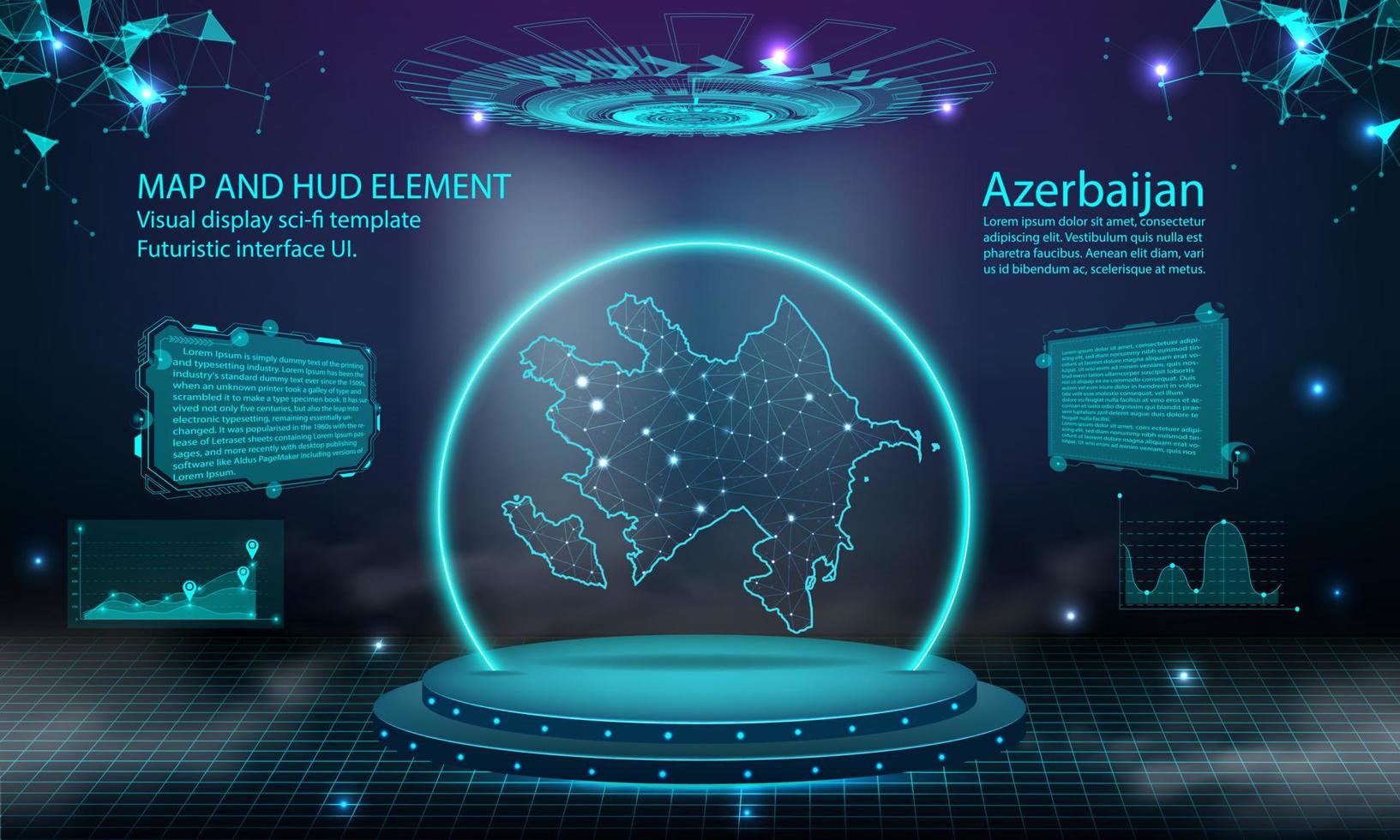 azerbaïdjan carte lumière reliant l'arrière-plan de l'effet. interface utilisateur de technologie numérique abstraite, gui, interface virtuelle hud futuriste avec carte de l'azerbaïdjan. podium futuriste de scène dans le brouillard. vecteur