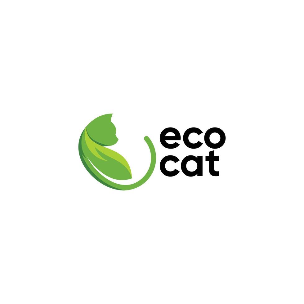 chat avec feuille, modèle de conception de logo eco cat vecteur