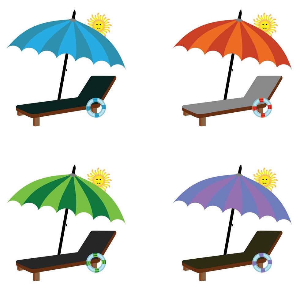 chaise longue, parasol, soleil souriant fond isolé. bonne journée ensoleillée. style de dessin animé de vecteur de plage. idées de vacances illustration vectorielle.