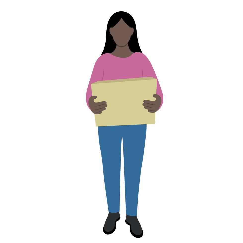 une fille noire avec une grosse boîte dans les mains, vecteur plat, isoler sur blanc, illustration sans visage, livraison, déménagement