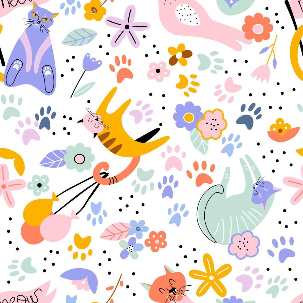 chats mignons ludiques avec des fleurs et un décor abstrait dessinés à la main. modèle vectorielle continue pour tissu ou papier peint. vecteur