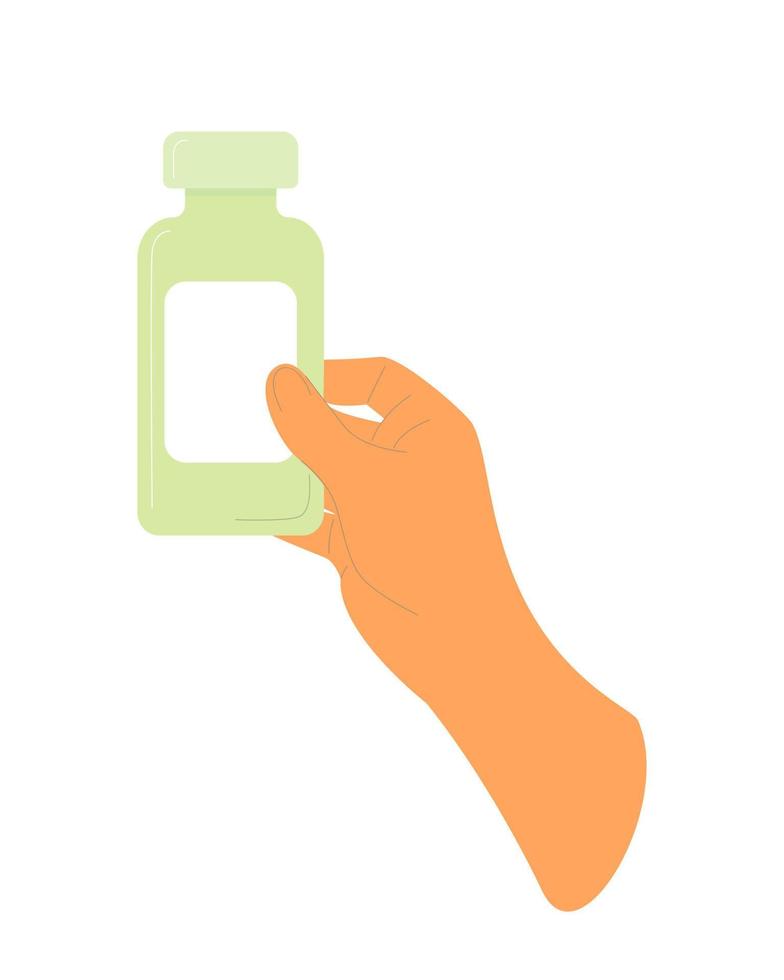 la main tient la bouteille, le modèle, la maquette, le pot avec des vitamines, des pilules, une lotion à l'huile-crème pour les soins biologiques, l'emballage. vecteur