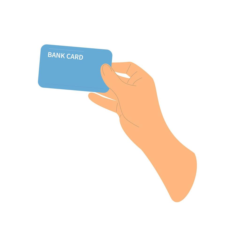 la main tient la carte de crédit, la carte bancaire. paiement, transaction ou achat. isolé sur fond blanc, processus d'achat de carte bancaire. vecteur
