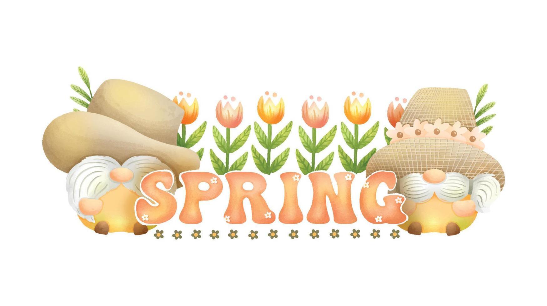 lettrage de mot de printemps avec des gnomes et des fleurs graphiques de composition aquarelle 02 vecteur