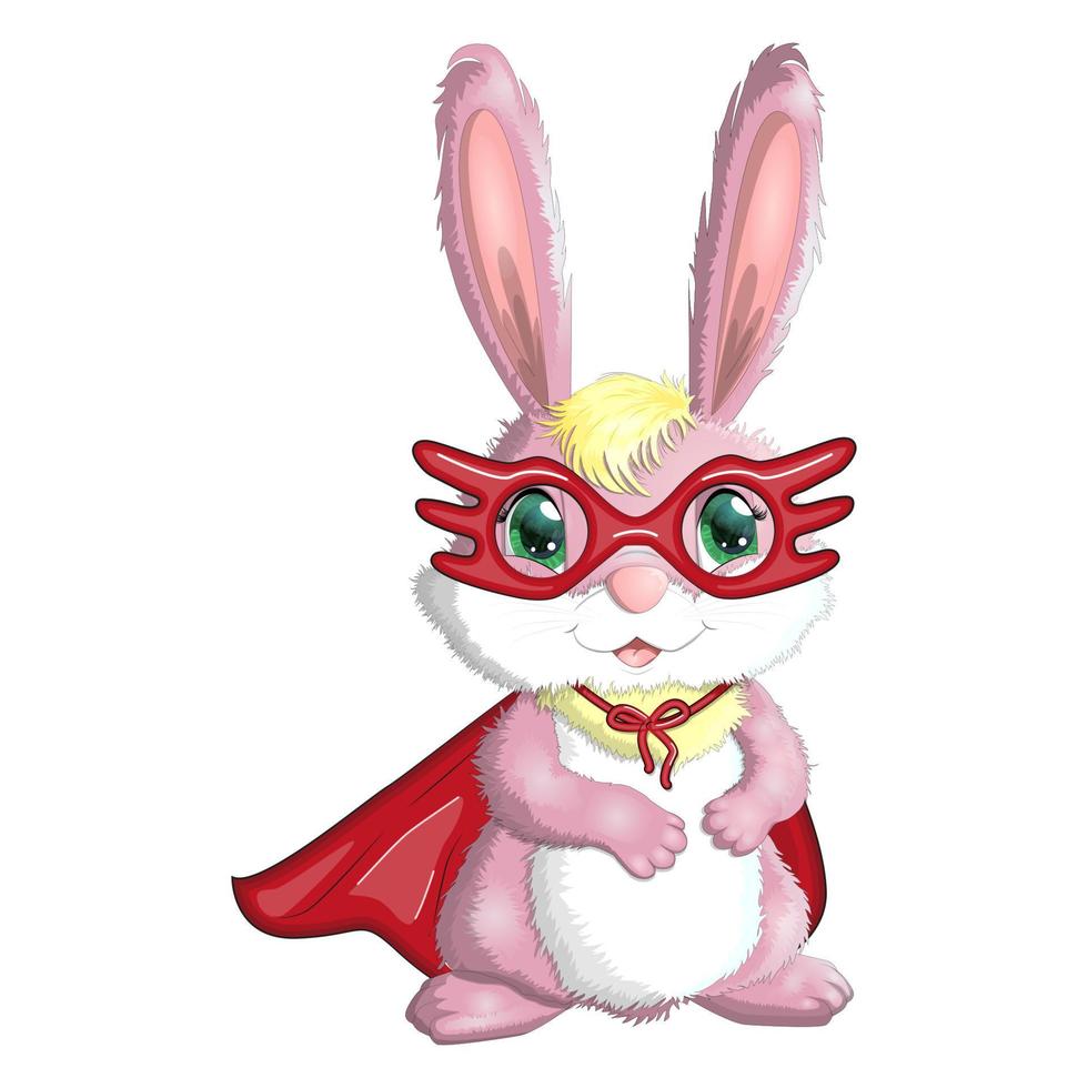 lapin de dessin animé, super-héros de lièvre en manteau rouge et masque. personnage enfantin mignon, pâques, printemps, symbole de 2023 vecteur