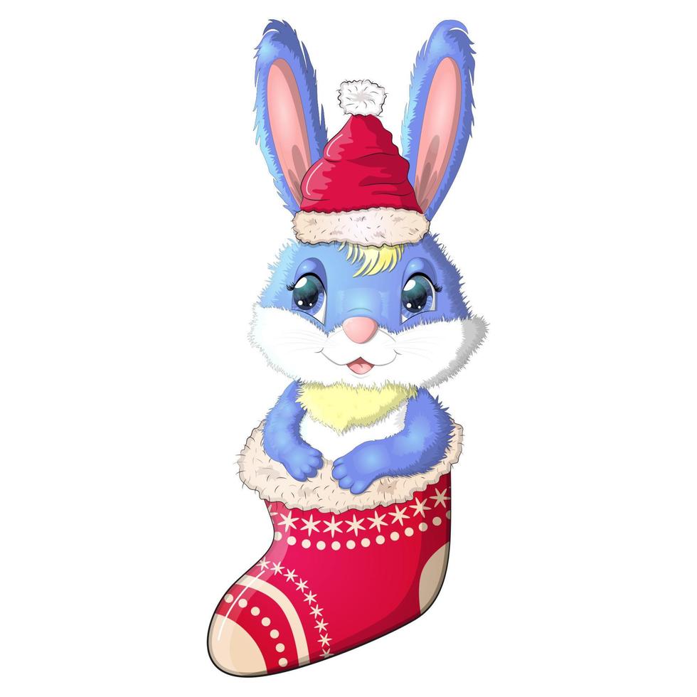 un lapin de dessin animé mignon dans un bonnet de noel est assis dans un bas de noël. hiver 2023, noël et nouvel an vecteur