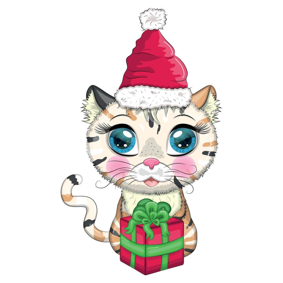 chat de dessin animé mignon en bonnet de noel avec cadeau, boule de noël, candy kane. hiver 2023, noël et nouveau chinois vecteur