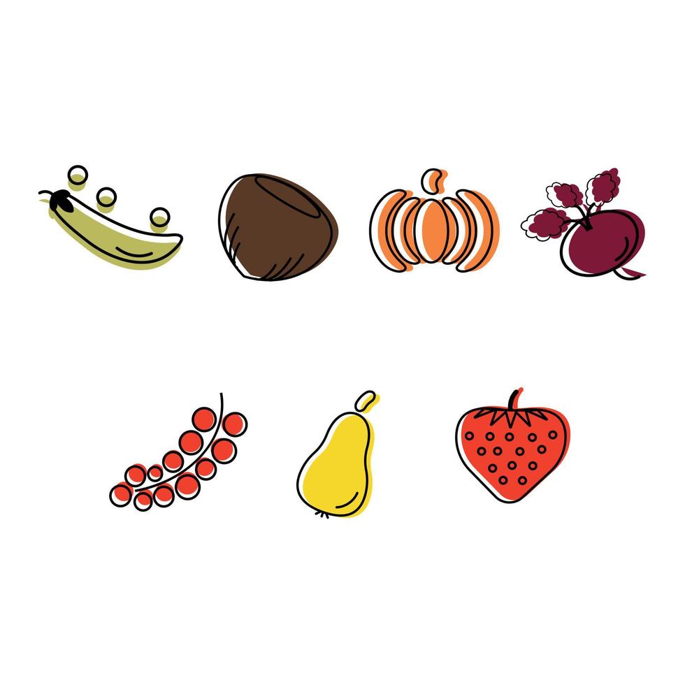 icônes de ligne définies sur fond blanc. collection d'aliments sains et biologiques - fruits, baies, légumes, noix, légumineuses. vecteur