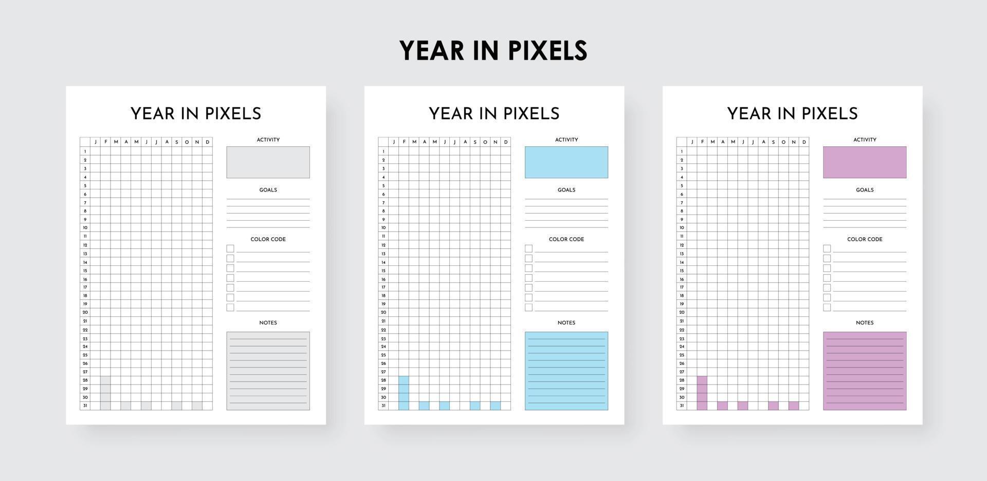 une année en pixels imprimable suivi annuel de l'humeur, activités annuelles, suivi annuel des objectifs vecteur