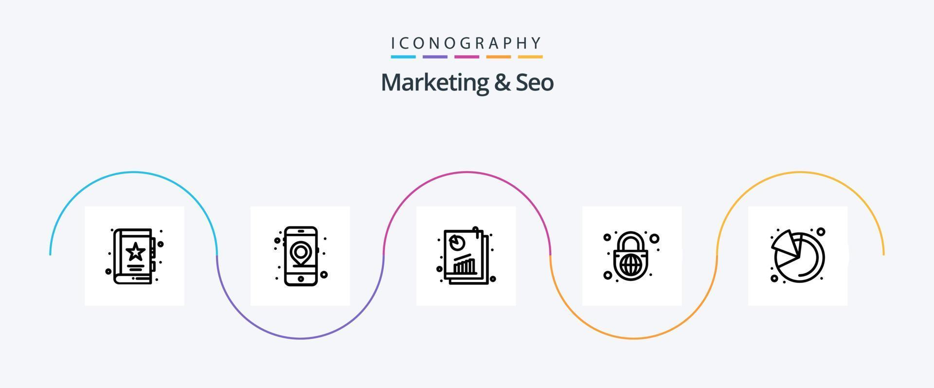 pack d'icônes marketing et seo line 5 comprenant un globe avec serrure. globe. référencement. Sécurité. analyse de référencement vecteur